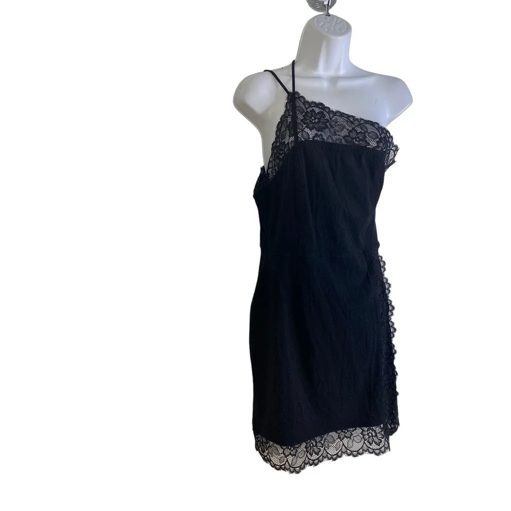 Free People Womens Premonitions Black Lace One-Shoulder Bodycon Slip Dress  SZ L